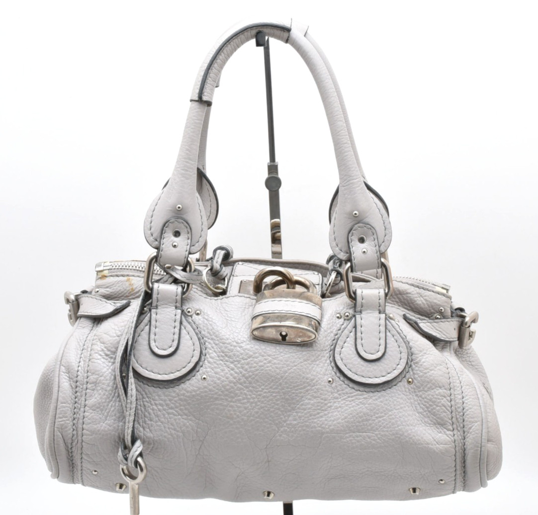 Chloe Paddington Hand Bag Purse Shoulder Light Gray Silver Padlock Leather Auth