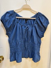 Banana Republic Cotton Woven Blue Smocked Puff Sleeve Tie Neck Blouse L