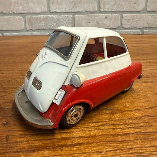Vintage Bandai BMW Isetta Tin Friction Car Red & White Missing Mirror