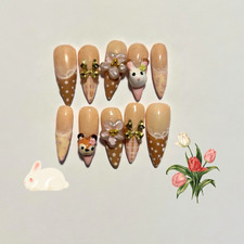 3D Pre-Designed Full Cover Press-On Nails Long Coffin Bunny Beige Brown Gold