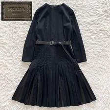 PRADA Black Sheepskin Panel Pleated Dress A-Line Leather Tag Size 42S Used-Italy