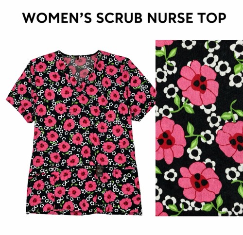 Izzy Scrub Top Womens X-Small Black Pink Flowers Mock Wrap Two Pockets V-Neck