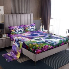 Unicorn Kids Sheet Queen Size,Glitter Starry Sky Castle Dreamy Bedding Set,Gi...