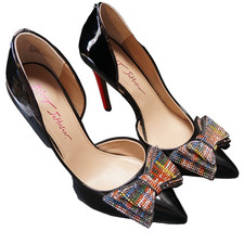 Betsey Johnson Prince P D'Orsay Black Patent Red Heels Rainbow Crystal Bows 7M