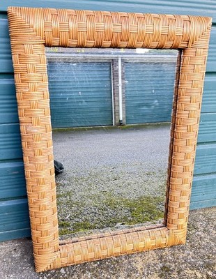Vintage geflochtenes Rohrgeflecht Rattan rechteckig Spiegel Boho Scandi Cottagecore