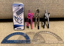LOT OF MATH TOOLS PROTRACTORS, DRAFTING COMPASS, DRAWING MEASURING TOOL GEOMETRY
