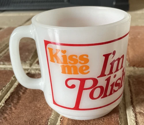 Glasbake Kiss Me I'm Polish Milk Glass 3.5" Cup Mug VINTAGE
