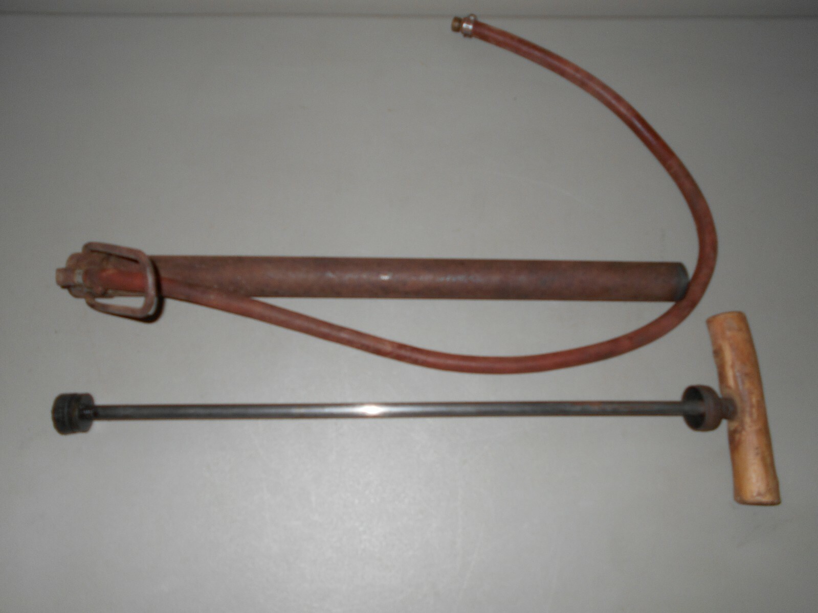 Antique Automobile Hand Tire Pump & Hose Folding Foot Wood Metal