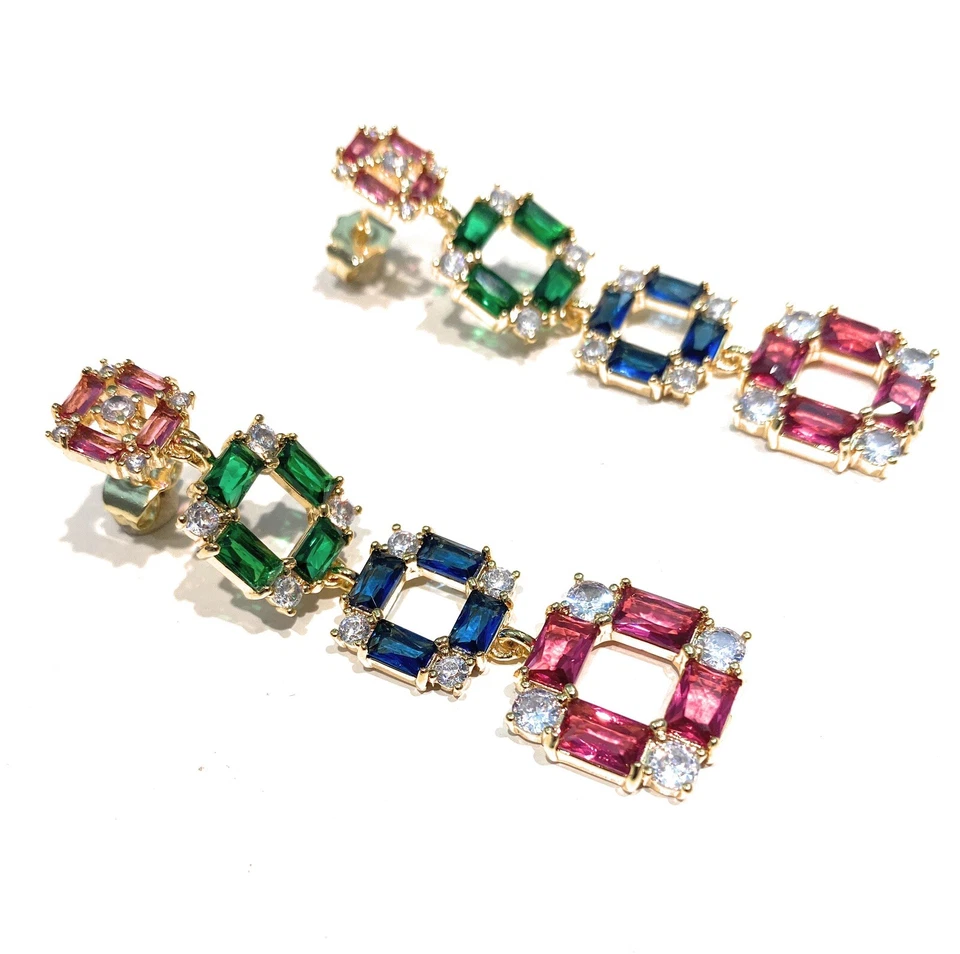 Orecchini Pendenti Donna Multicolore con Zirconi e Galvanica Oro – Eleganti 6 cm - Immagine 3 di 3