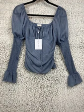 WAYF PEPLUM BLOUSE SMOCKED PUFF SLEEVE DARK BLUE WOMEN'S SIZE SMALL