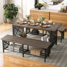 63" Large Dining Table 2 Benches for 6 People Seat Wood Kitchen Room Dinette Set