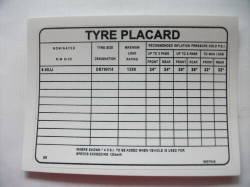 HOLDEN TYRE PLACARD SUITS EARLY H SERIES, TORANA 14" X 6.00JJ WHEELS (DR70H14) - Picture 1 of 2