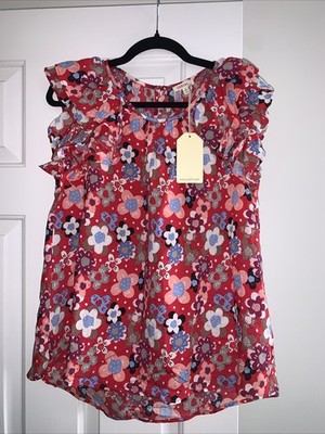 Jodifil Ladies Red Floral Ruffled Cap Sleeve Top Size S NWT