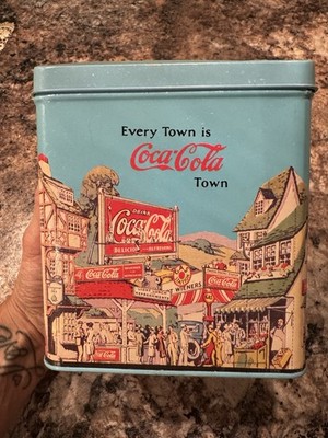 Coca-Cola 1994  Every Town is Coca-Cola Town  Blue Tin Canister Repro