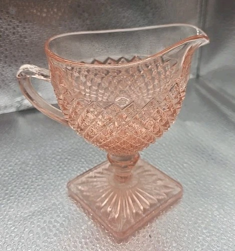 Vintage Anchor Hocking Glass Pink Miss America Diamond Pattern Handled Creamer