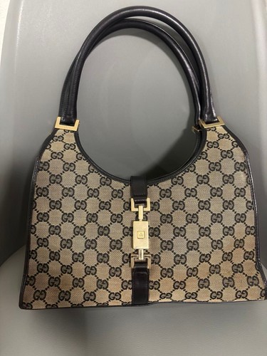 Gucci Jackie GG Canvas Leather Handbag Black Top Handle Women Pre-Owned