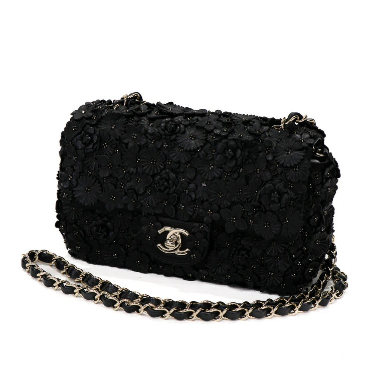 Chanel Small Black Lambskin Camellia Flap Bag with Chain Shoulder Strap 5313768J-Kx