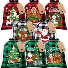 24Pcs Burlap Christmas Drawstring Bags, 8x10in Buffalo Plaid Xmas Gift Bags w...