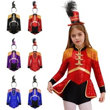 Girls Circus Ringmaster Costume Sequins Fringe Leotard Jumpsuit with Feather Hat