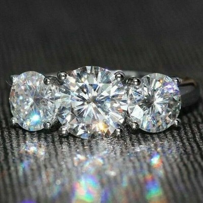 14kWhite Gold Plated 2Ct Round Lab Created Diamond Three Stone Women's Band Ring