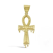 10K Yellow Gold Egyptian Ankh Cross Pendant Dripping Design Charm 1.9 inch