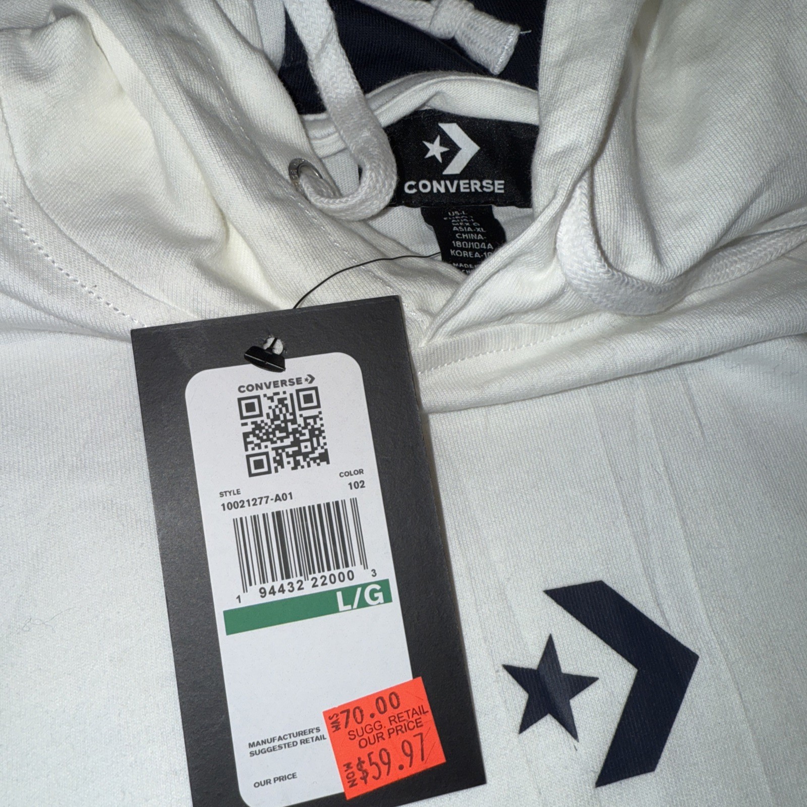 NWT- Converse All Star Unisex Hoody White Sz L  Skateboarding Light Hoodie thumbnail 2