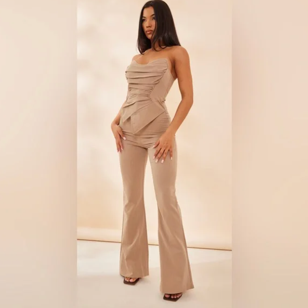 PRETTYLITTLETHING Jumpsuit, Ruch Pointed Corset Bandeau, Color Taupe, Size 4