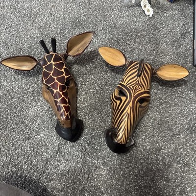Hand Carved Wood African Giraffe and Zebra Mask Wall  Decor Kenya .