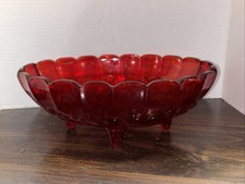 VTG Indiana Glass Ruby Red Painted Oval Footed Centerpiece Bowl Fruit & Leaf