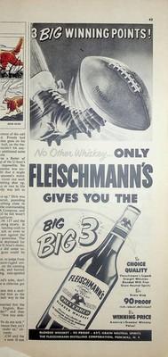 Original 1951 Vintage Print Ad: Football Kick Ft. By Fleischmann's Big 3 Whiskey