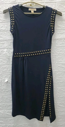 New Michael Kors Astor Studded Trim Detail Front Slit Midi Dress Navy Size Small