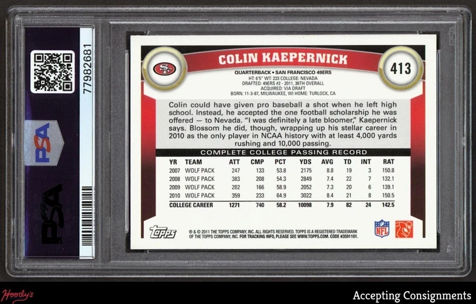 2011 Topps #413A Colin Kaepernick RC ROOKIE PSA 10 GEM 49ers - Image 2 of 2