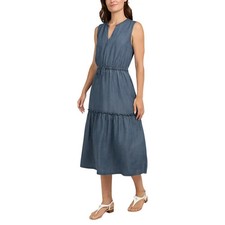 Lands  End Women  s Lyocell Tiered Midi Dress Sleeveless Blue Small