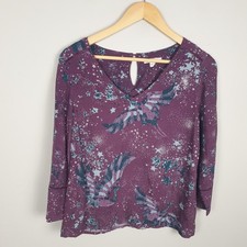 White Stuff Top Womens UK 10 Purple Bird Star Print Lightweight Soft Drape