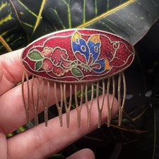 VTG Cloisonn  Enamel Hair Gold Tone Comb Butterfly Flowers Red Yellow Green Blue