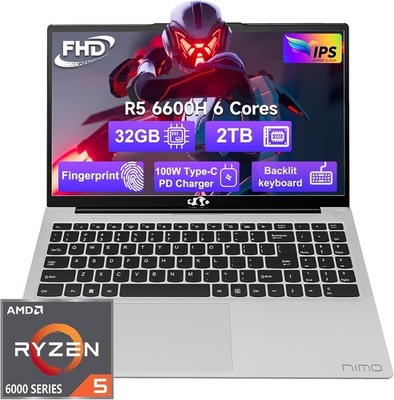 NIMO 15.6 Laptop, AMD Ryzen 5 6600H, 32GB RAM 2TB SSD Fingerprint, Backlit KB