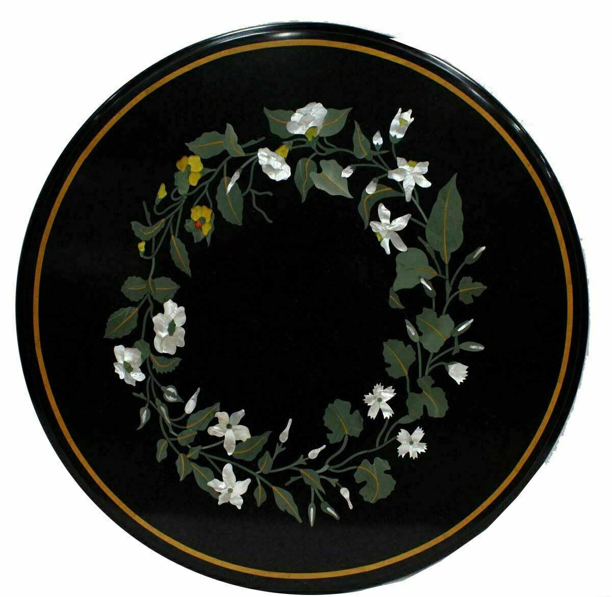 12-Inch Black Marble Coffee Table with Antique Mosaic Inlay Design  -image
