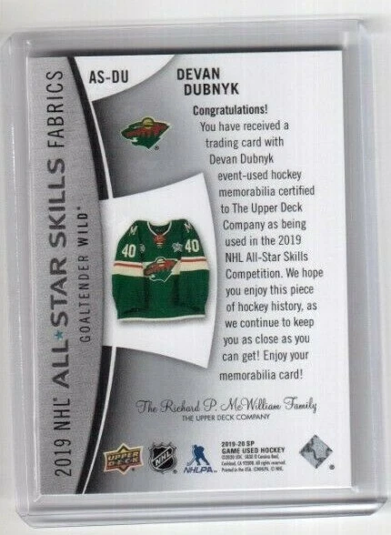 2019-20 SP Game Used 2019 All-Star Skills Fabrics Card # AS-DU Devan Dubnyk Wild - Image 2 of 2