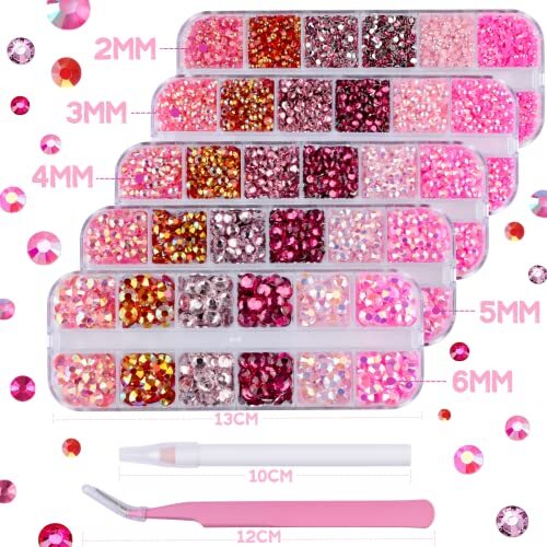 5 Boxes Shiny Colorful Nail Art Rhinestones Kit Crystals AB Flatback Jelly Pink