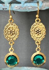 Etched Gold Flower and Vibrant Green Rhinestone Dangle Earrings.