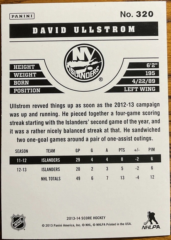 2013-14 Score Gold David Ullstrom #320 New York Islanders - Image 2 of 2