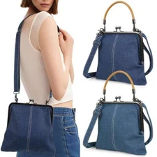 Women's Small Denim Crossbody Bag Jean Purse Shoulder Handbags Small Kiss Lock