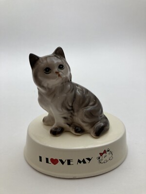 Vintage Cat Figurine Bone China   I Love My Cat  Cutie Tabby Kitten