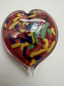 Red Abstract Multicolored Heart Shaped Art Glass Paperweight w/Gold Accents MINT