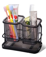Black Toothbrush Holders for Bathrooms, 2 Cups Toothbrush Holders Wall Mounte...
