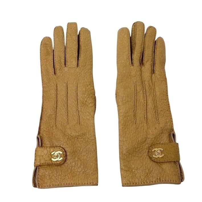 CHANEL Vintage CC Mark Logo Gloves Turn Lock #7.5 Leather Light Brown Gold - Image 4 of 4
