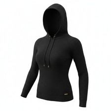 Michael Kors Hoodie Women's L Black Waffle Knit Pullover Gold Logo Kangaroo
