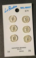 Vintage Le Bouton 6 White Flat Two Hole Buttons on Original Card
