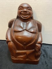 LARGE SOLID HAND CARVED WOODEN LAUGHING BUDDHA SITTING STATUE FIGURINE. 8  