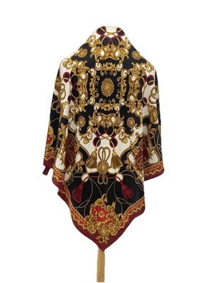 Tchibo 100% Silk Square Scarf Baroque Ornate Tassel Chain Black Burgundy #A78